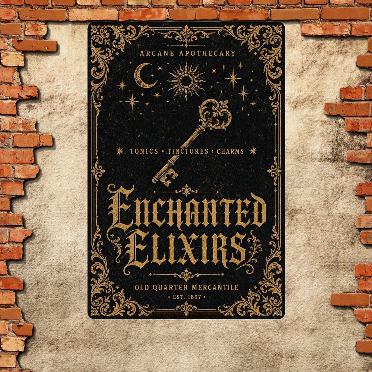 Witchcraft Apothecary Poster Black Background Gold Gothic Design Metal Tin Sign