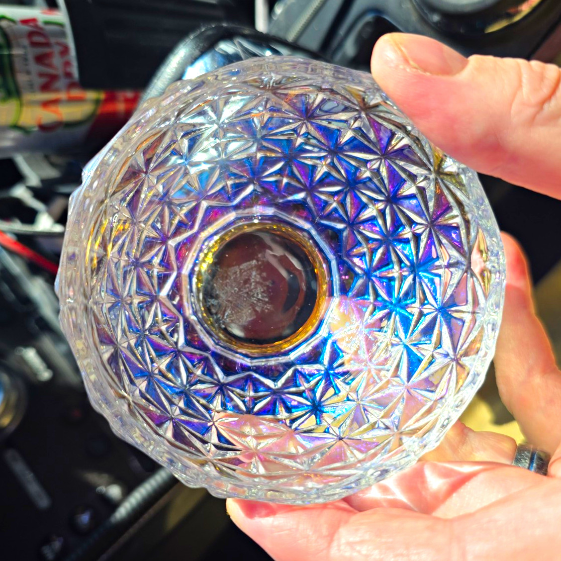 Iridescent Carnival Glass Rainbow Shimmer Small Round Trinket Jar GLOWS BLUE
