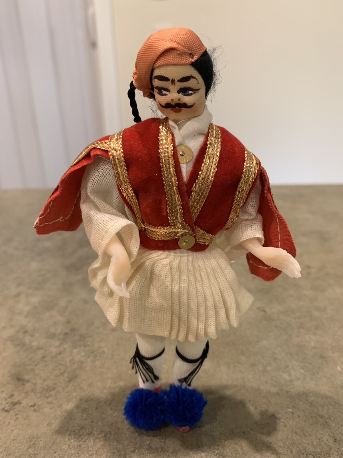 Vintage Greek Balkan 7” Doll Black Hair Mustache Folk Costume