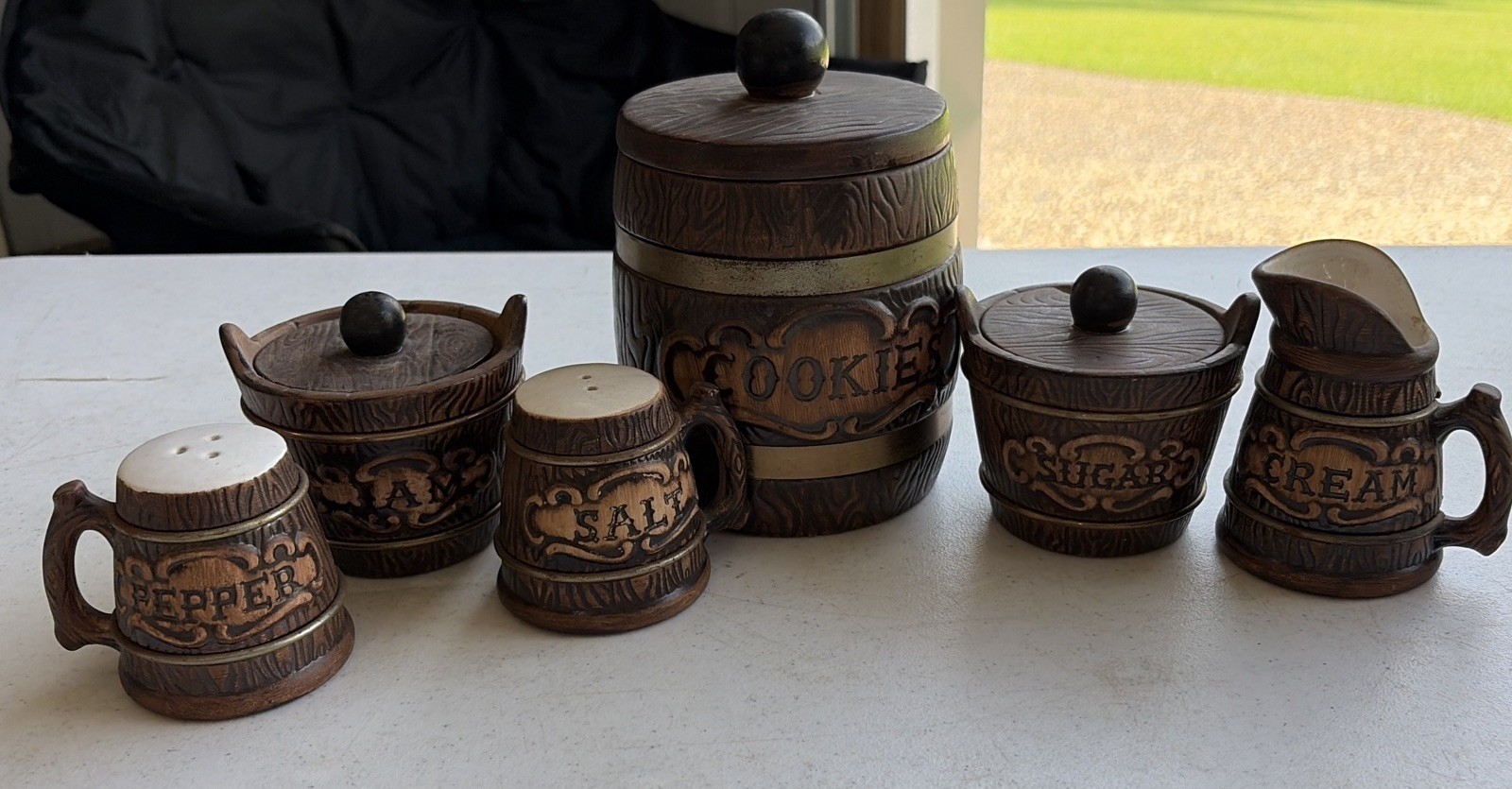 VTG Treasure Craft Barrel Cookie Jar, Cream/Sugar S&P Jam Wood Ceramic Japan VTG Treasure Craft Barrel Cookie Jar, Cream/Sugar S&P Jam Wood Ceramic Japan