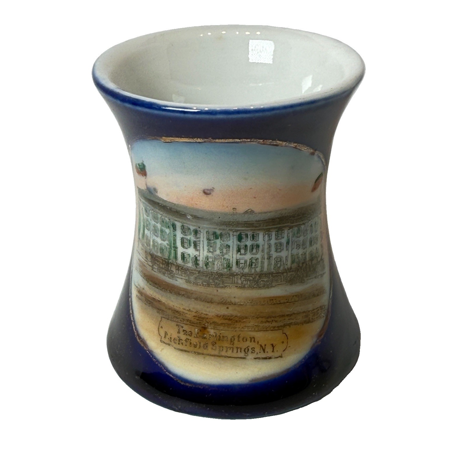 RICHFIELD SPRINGS NY NEW YORK Souvenir Porcelain Trinket ANTIQUE COBALT CUP