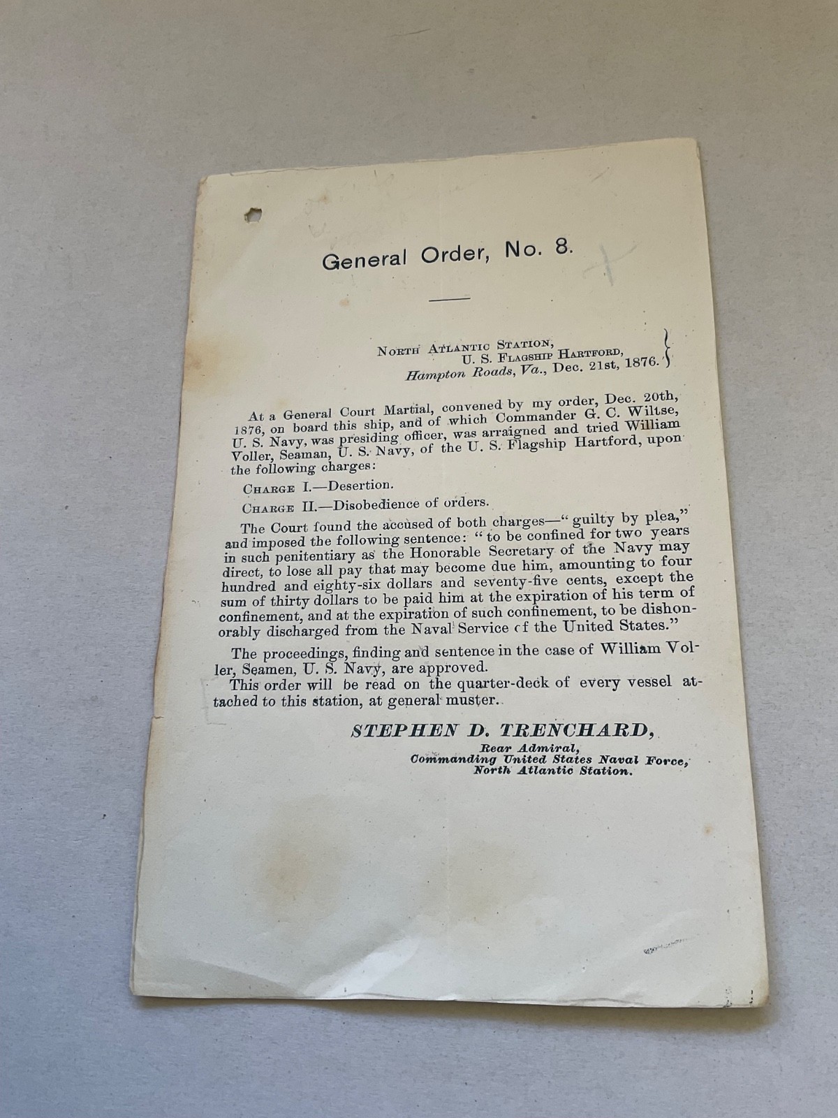 US NAVY USS HARTFORD FOUR ORDERS DESERTION, QUARTERS, NEW COMMAND SQUADRON ROUTI
