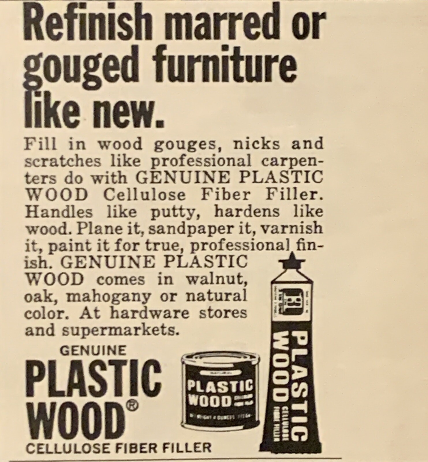 1971 Genuine Plastic Wood Filler PRINT AD Refinish Furniture VTG 1970s 3x3” 1971 Genuine Plastic Wood Filler PRINT AD Refinish Furniture VTG 1970s 3x3”