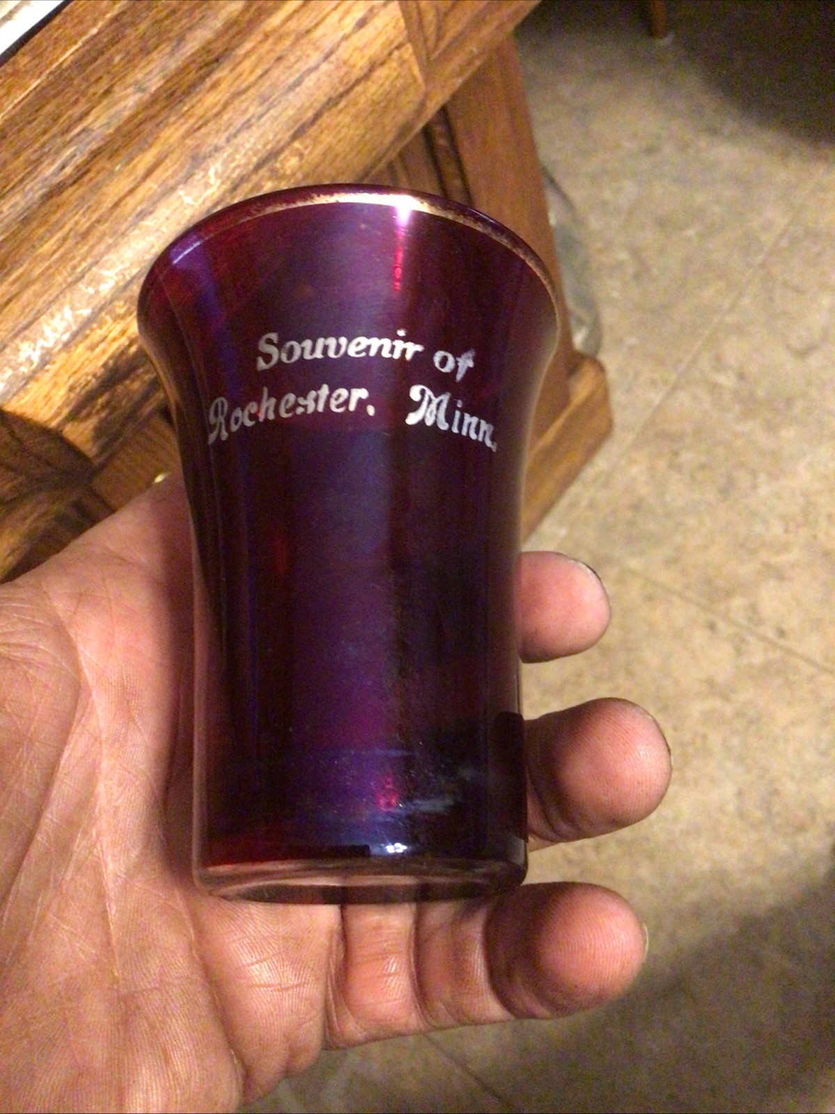 3.75” RUBY FLASH CUP SOUVENIR ROCHESTER MINN MN MINNESOTA 1900’S ADVERTISING 