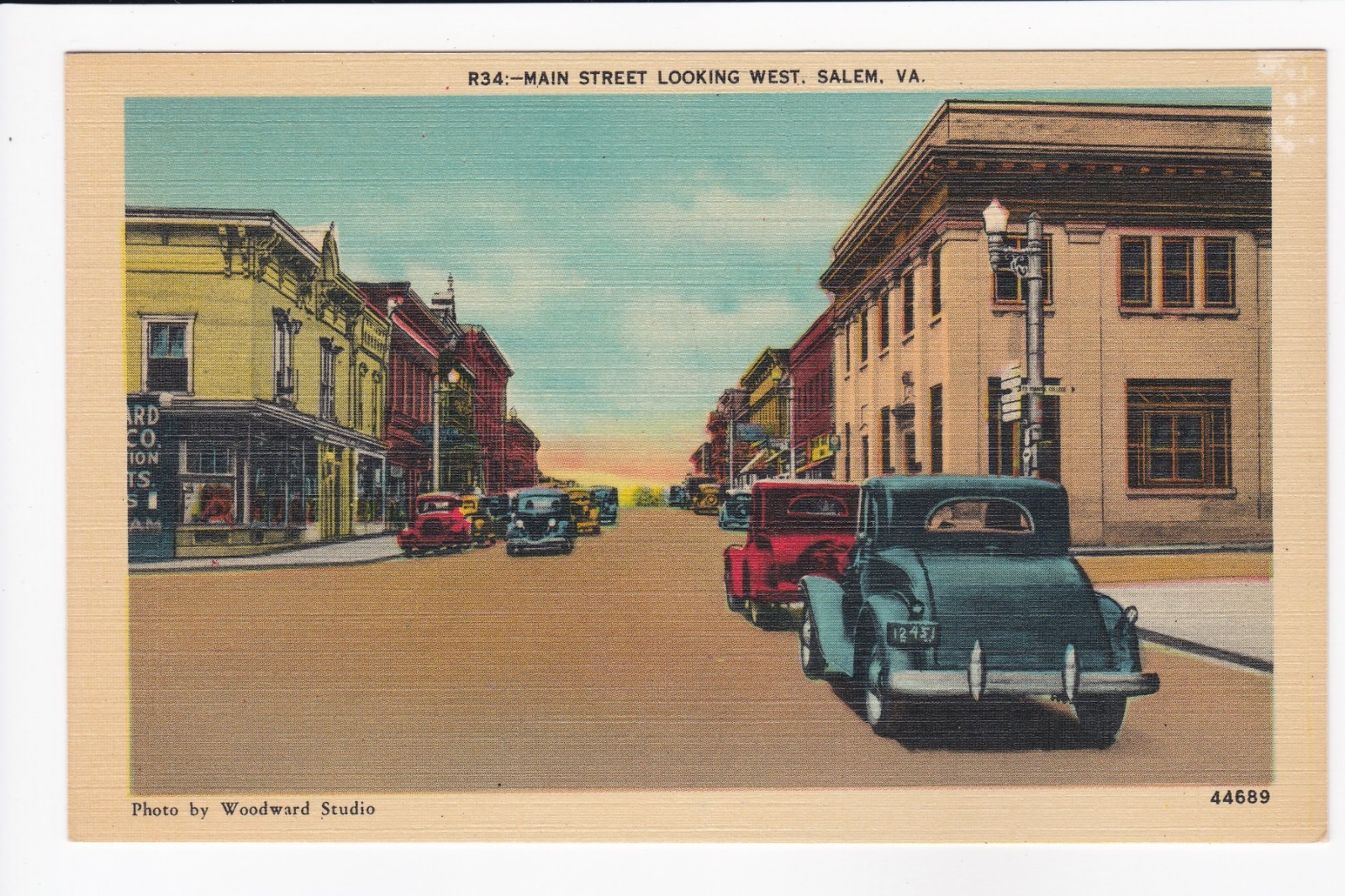 Main St. Looking West Salem Virginia Old Cars Storefronts Linen Postcard Main St. Looking West Salem Virginia Old Cars Storefronts Linen Postcard