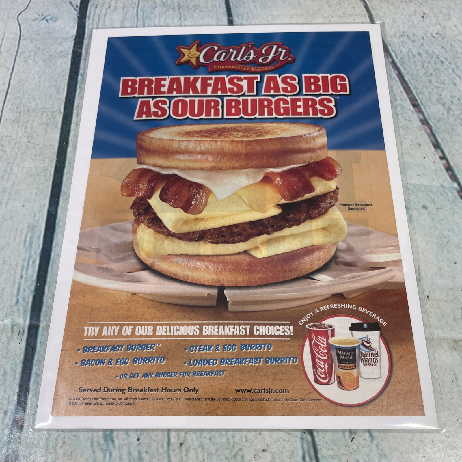 2008 Carl\'s Jr Breakfast Sandwich Print Ad/Poster Pinup Promo Art Magazine Page 2008 Carl\'s Jr Breakfast Sandwich Print Ad/Poster Pinup Promo Art Magazine Page