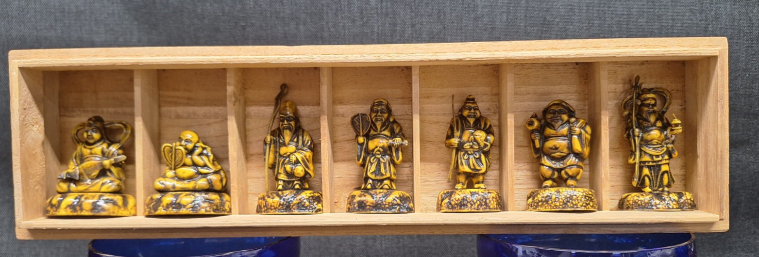 Vintage Japanese Seven Lucky Gods Figurine Set Shichifukujin Wood Display Box