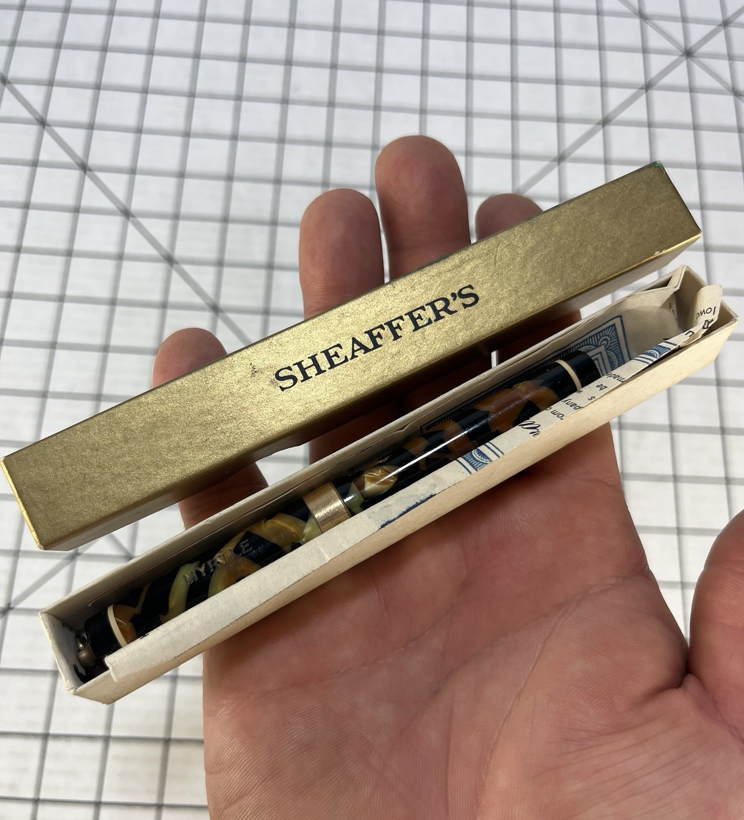 Vintage 1920s Sheaffer Ring Top Fountain Pen Tiger Stripe Gold Marble w/ Box