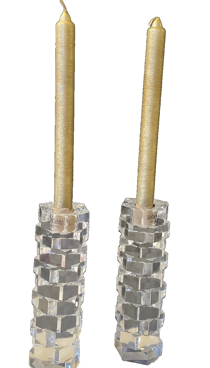 Sasaki  Crystal Candle Holders.  Brand New With Box.  Stack Look Made Czech Rep