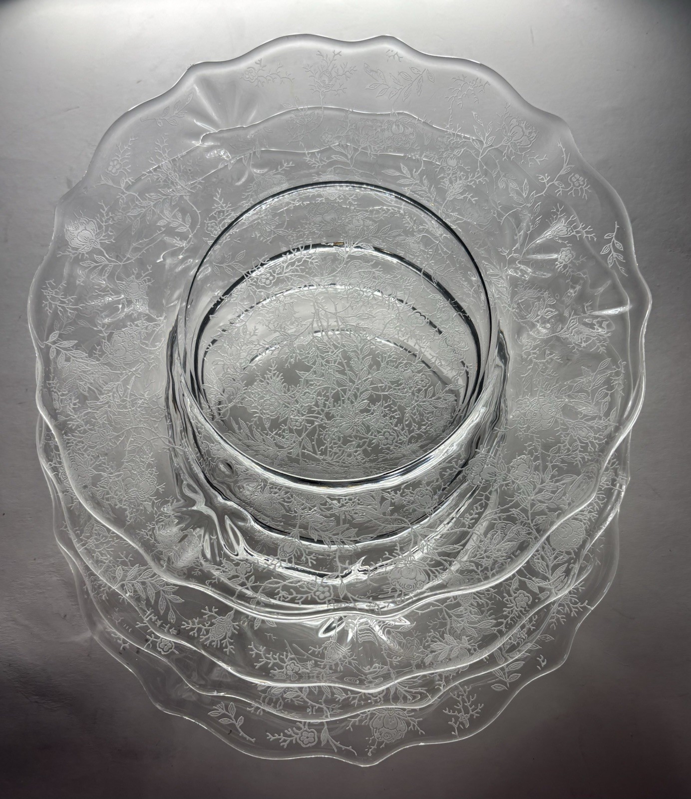 4 Vintage Fostoria Crystal Glass Chintz Etch Baroque 7 3/8” Salad Lunch Plates