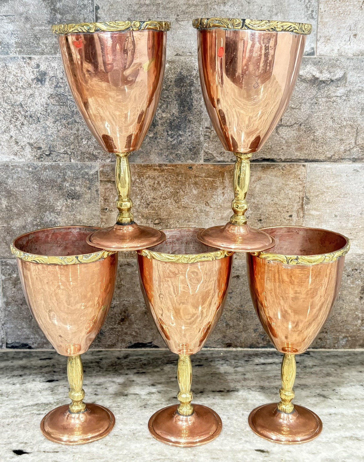 Vintage Copper & Brass Wine Goblets Chalices Set of 5 Mixed Metal Footed 