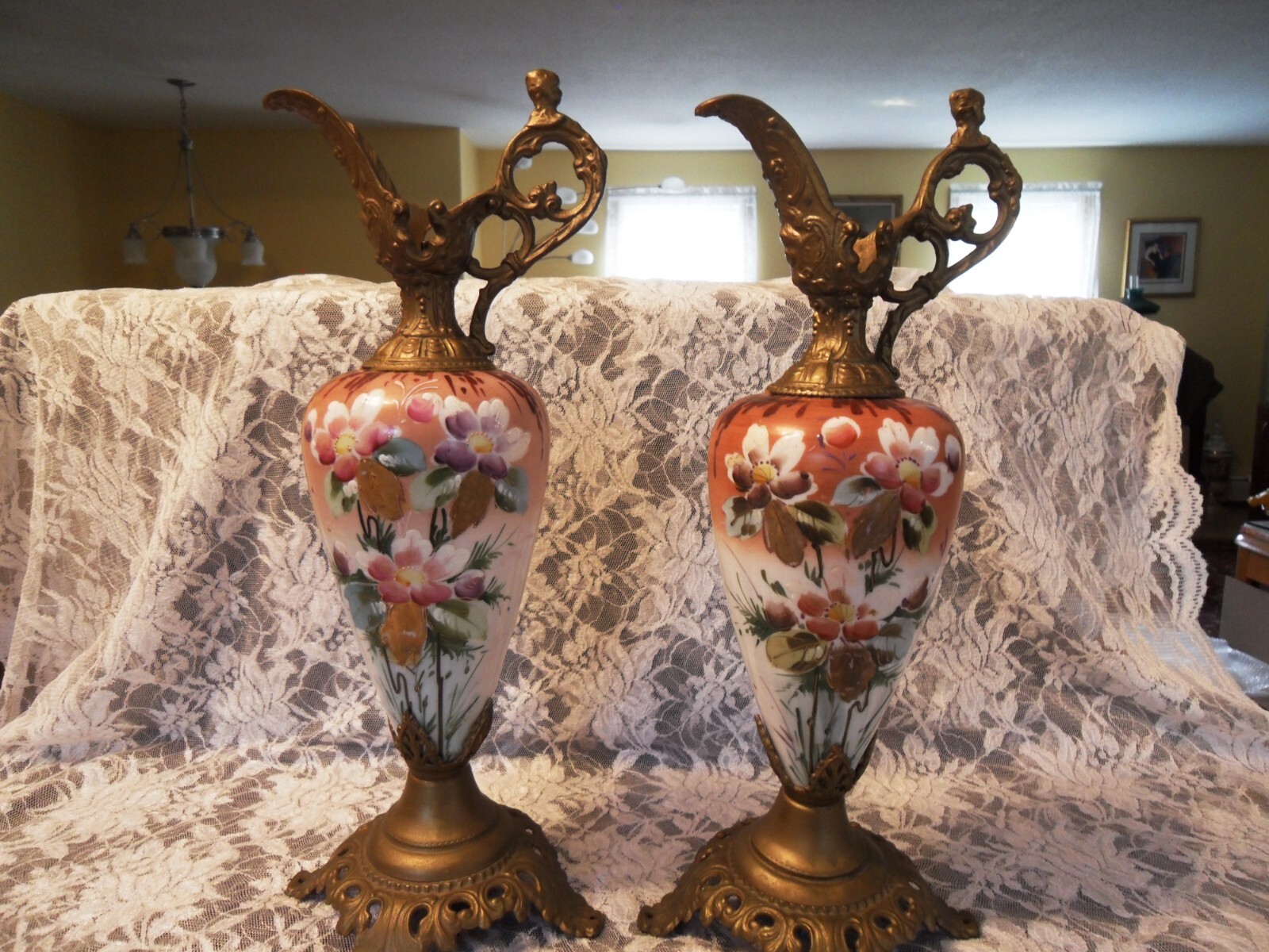 ANT. PAIR OF VICTORIAN MANTLE EWER VASE HAND PAINTED GLASS VASES