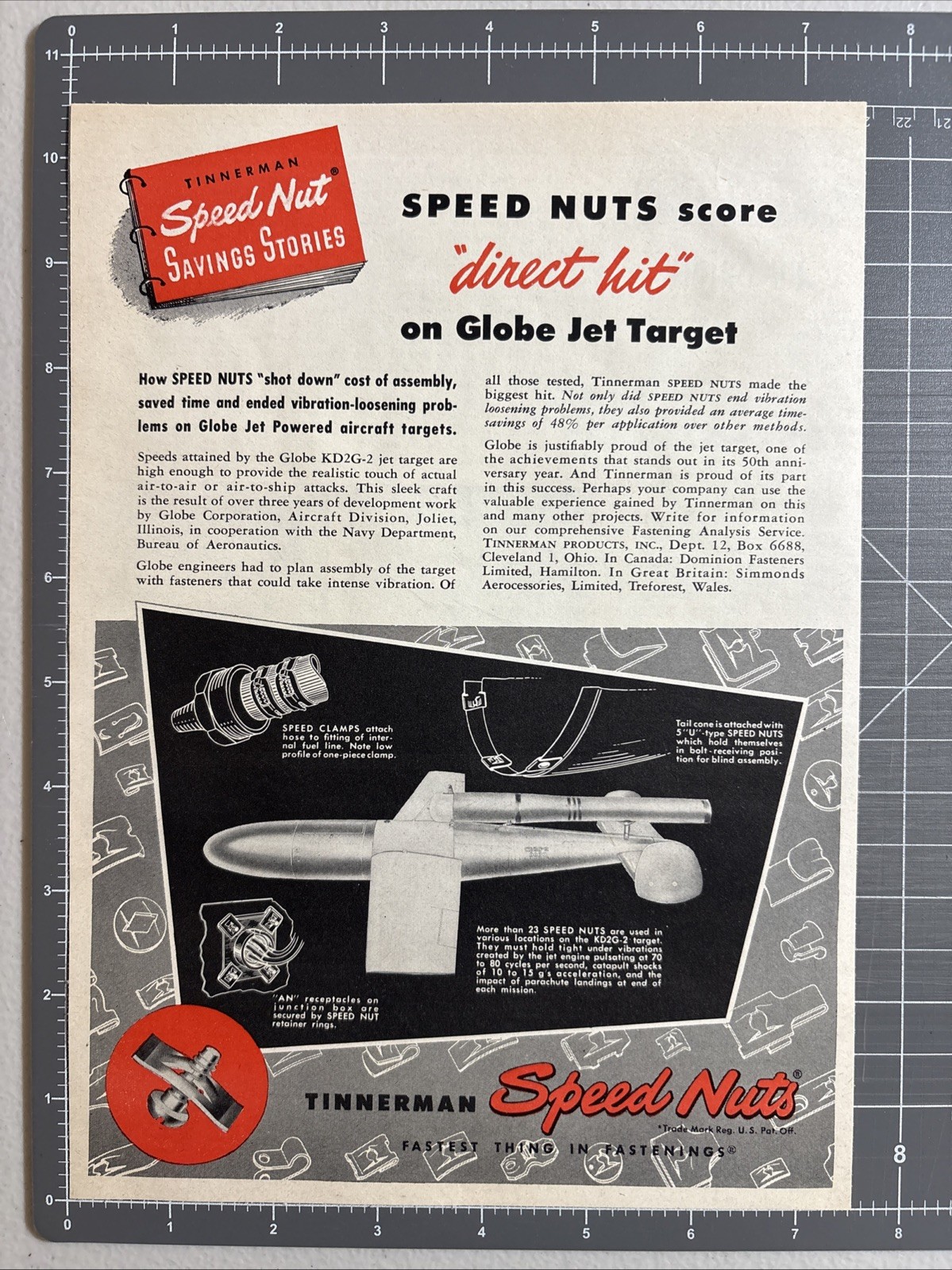 1951 Print Ad Tinnerman Speed Nuts Fastest Things In Fastenings “Direct Hit”