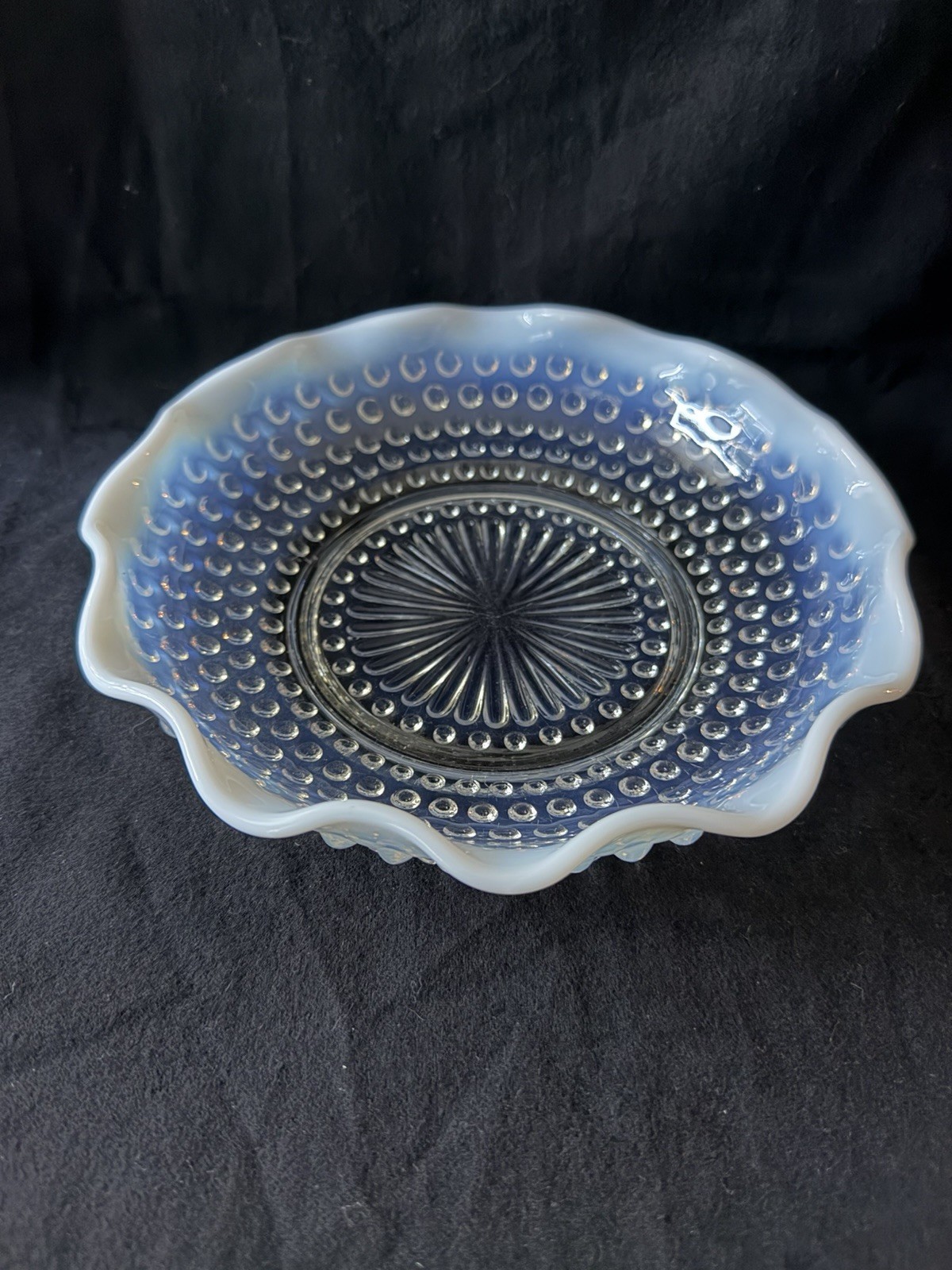 Vintage Fenton Opalescent Moonstone Glass Crimped Round Dish Bowl