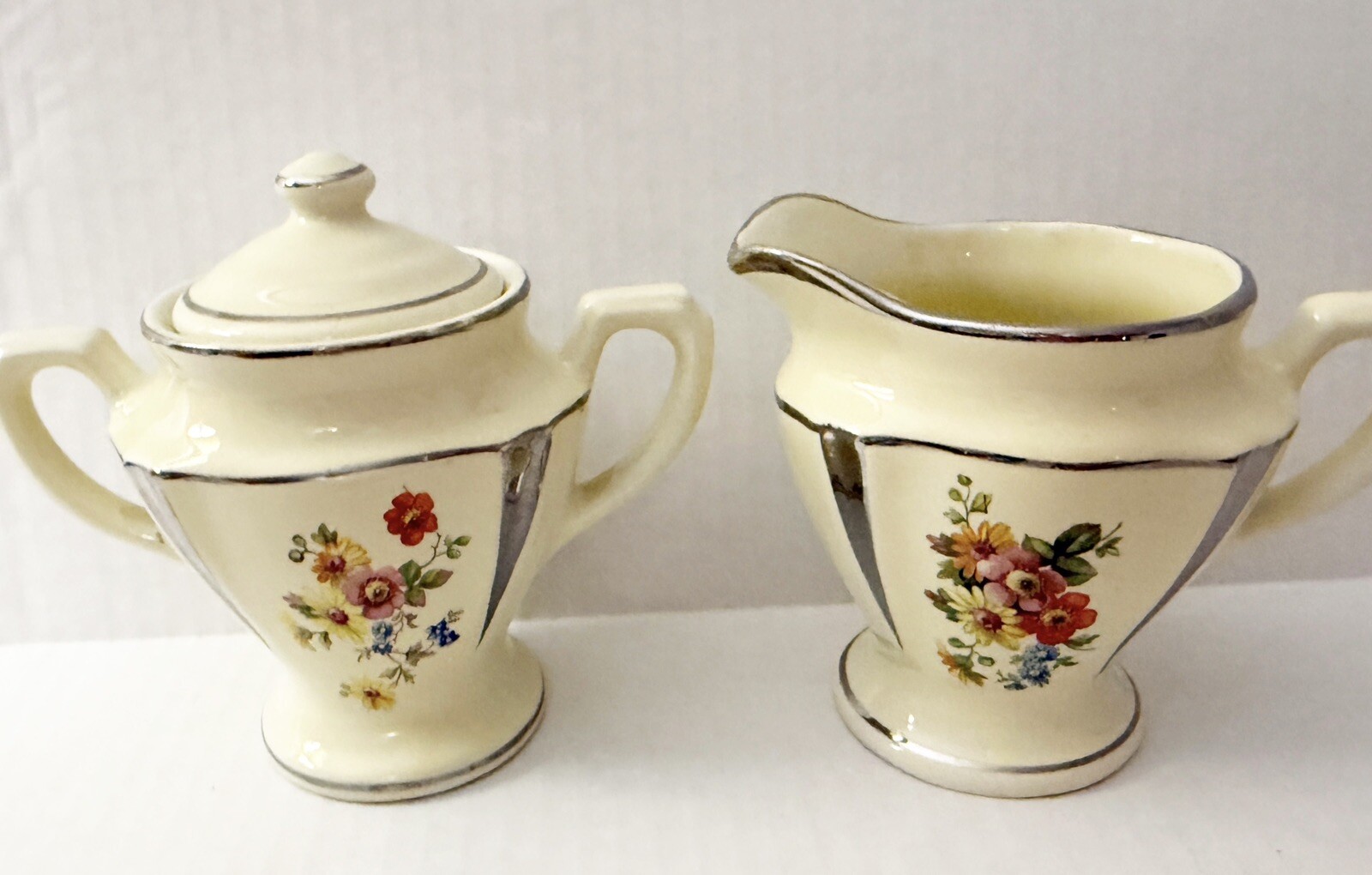 Creamer and Sugar Bowl Art Deco Flowers Silver Trim Set ~ Excellent