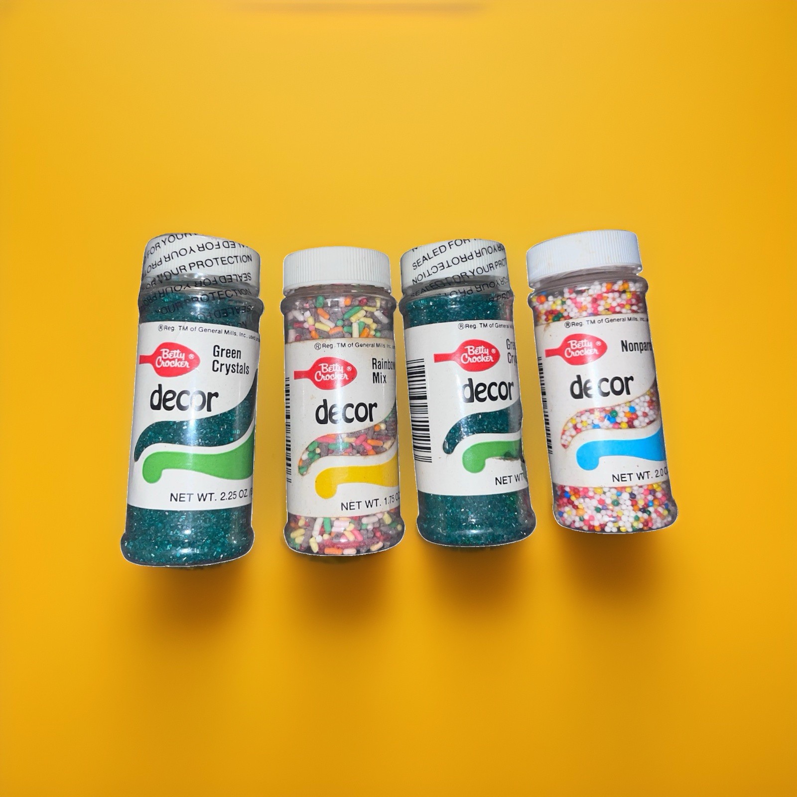 Vintage Betty Crocker  Sprinkles Lot Of 4-Green, Rainbow, Nonpareils
