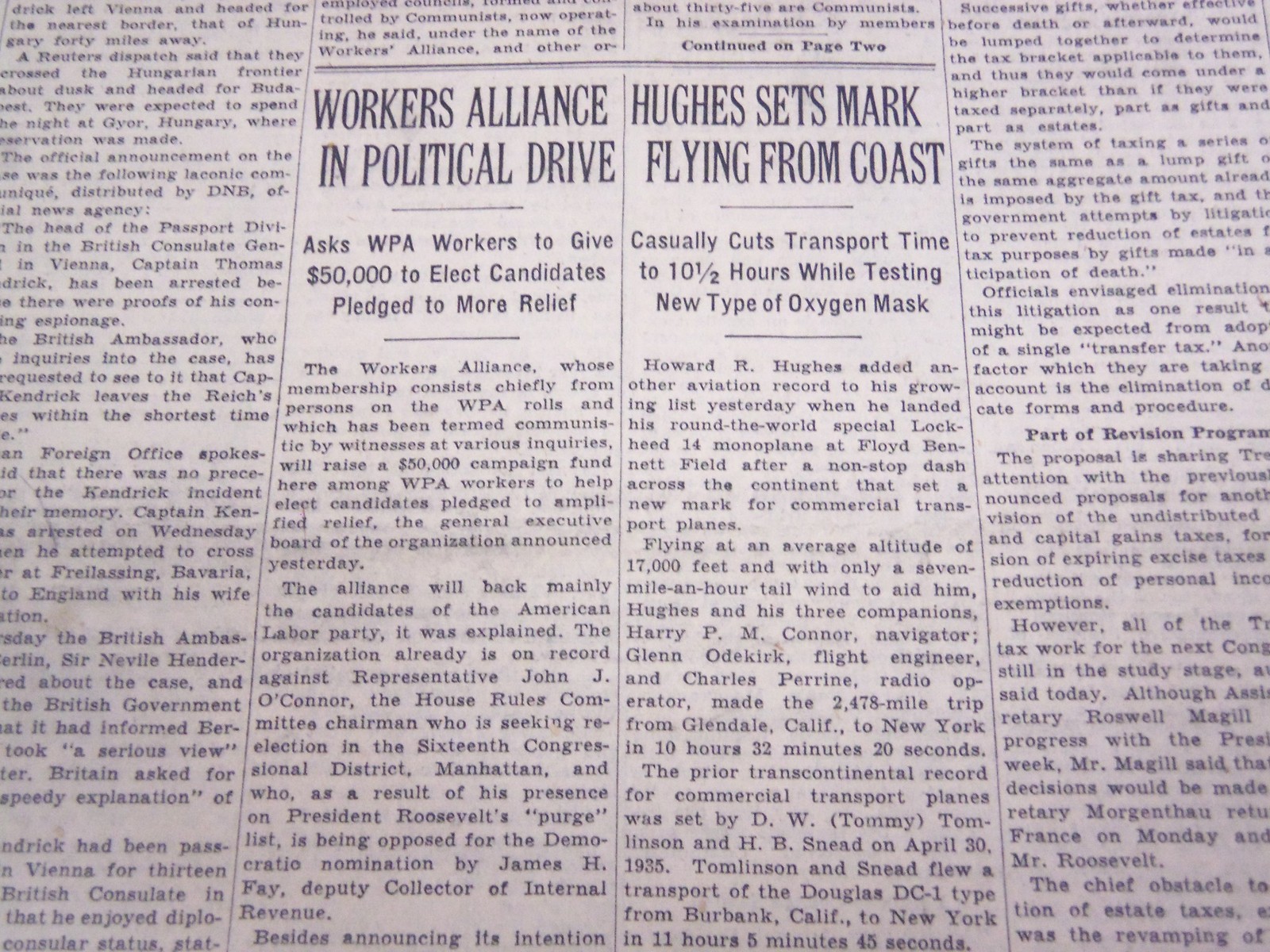1938 AUGUST 21 NEW YORK TIMES - HUGHES SETS MARK FLYING FROM COAST - NT 707 1938 AUGUST 21 NEW YORK TIMES - HUGHES SETS MARK FLYING FROM COAST - NT 707