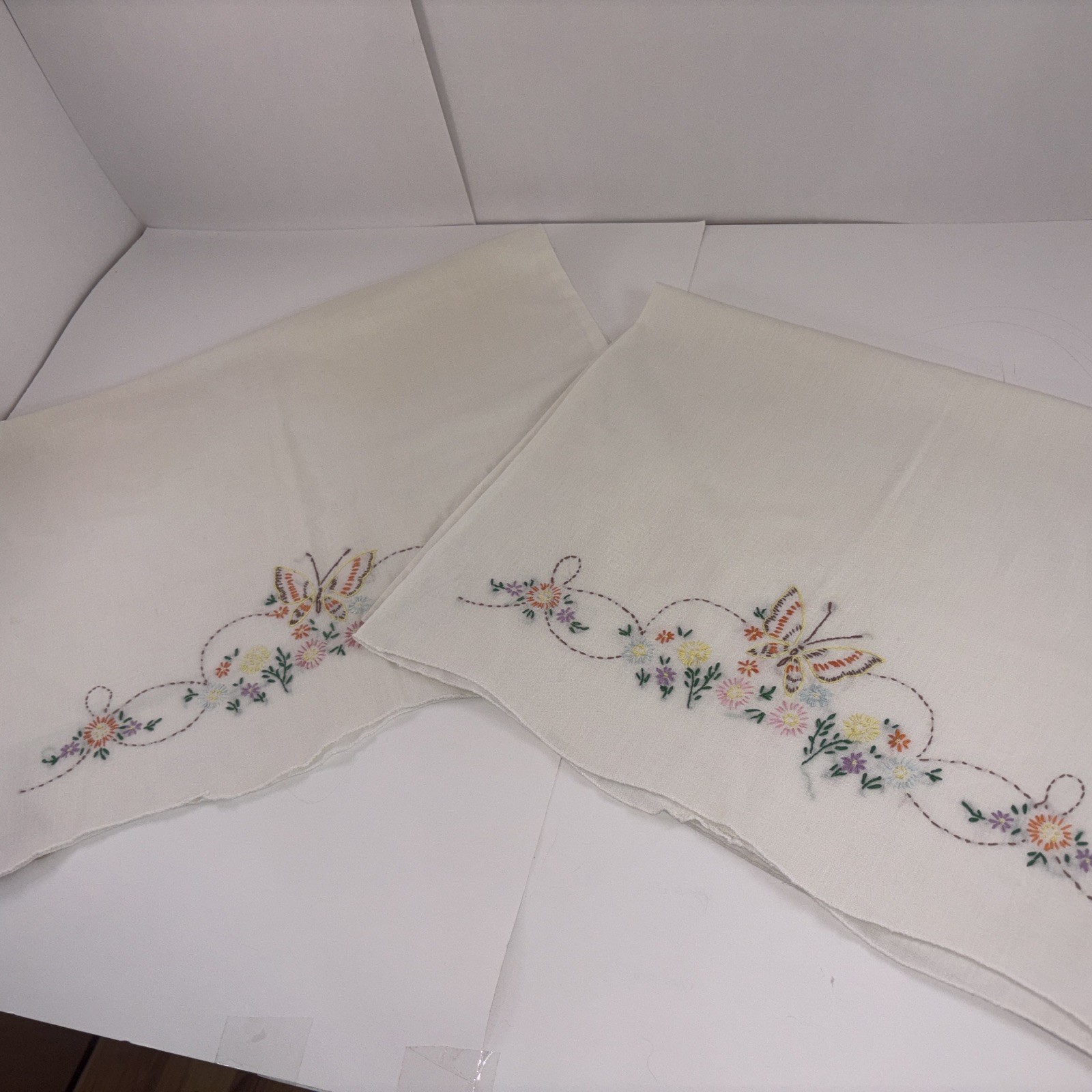 Vintage Pillowcases Hand Embroidered Qty 2 Flowers Butterfly