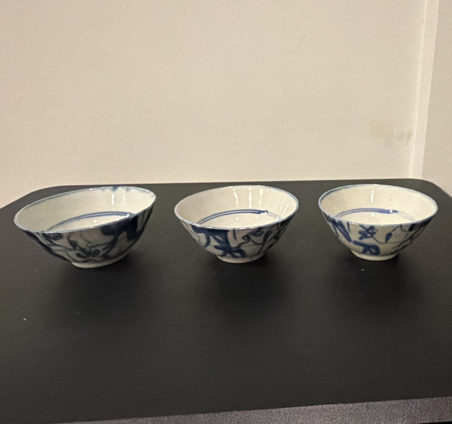 Set of 3 Chinese Blue & White Porcelain Bowls, Floral Design, Marked Base