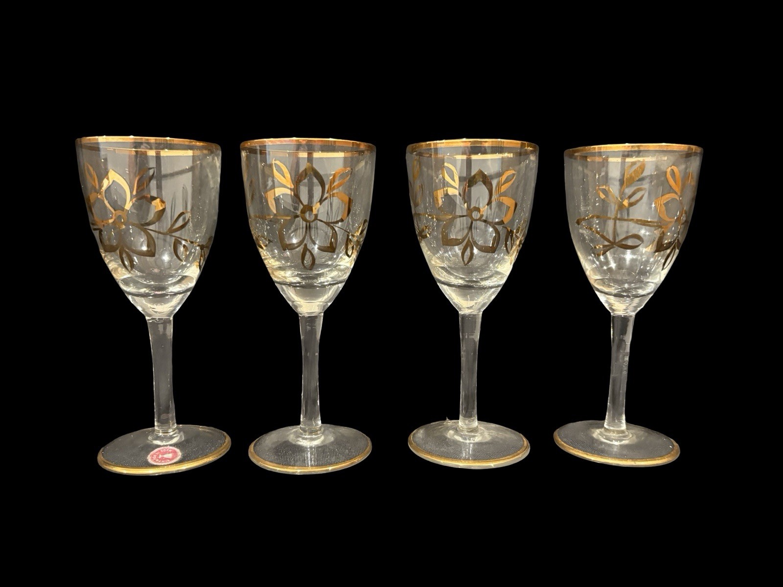 4 VTG ROMANIA GOLD TRIM SMALL WINE CORDIAL COCKTAIL GLASS GOLD LEAF DESIGN