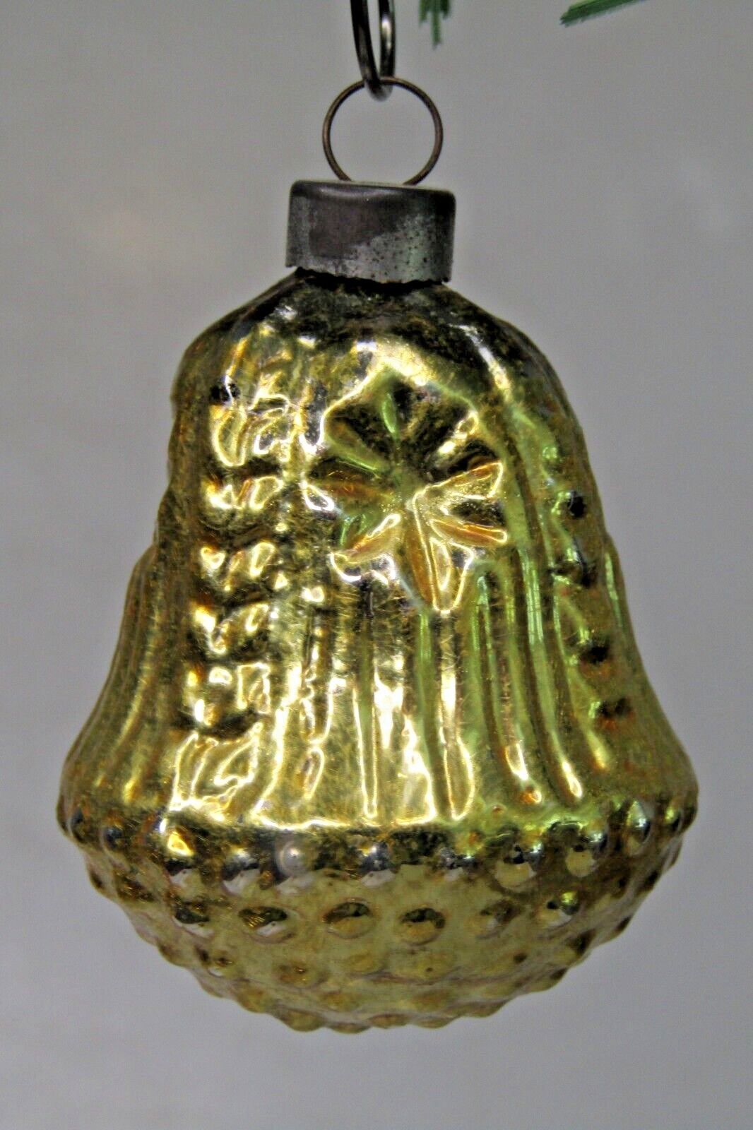 VTG Glass STAR Embossed Outdent Bumpy Gold BELL Christmas Ornament US of A