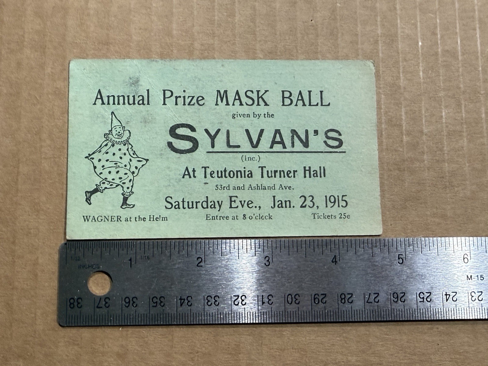 Chicago IL Teutonia Turner Hall 1915 Mask Ball Dance Card Ticket Clown Sylvan’s