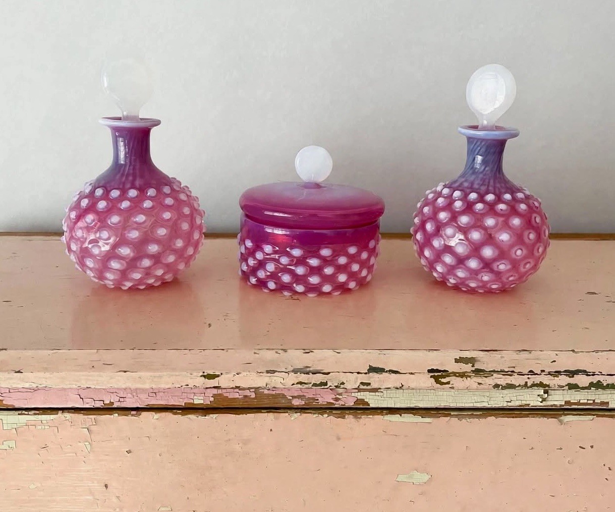 Set Of 3 Old Czech Cranberry Hobnail Glass Perfume Bottles & Powder Jar