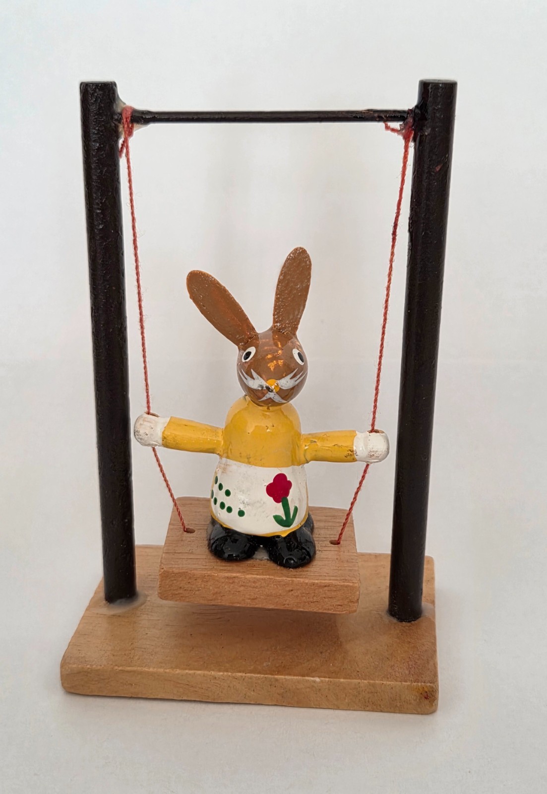 Vintage Wooden Rabbit on Swing Hand Painted Folk Art Bunny Figure
