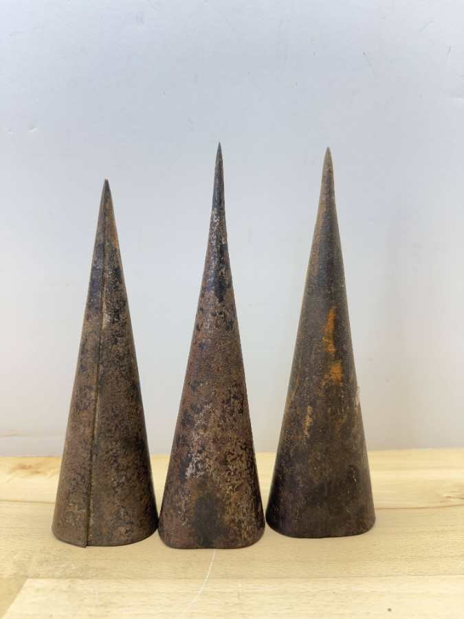 3 Vintage Rusted Metal Cone Shaped Industrial Tools or Objects tobacco spear spi