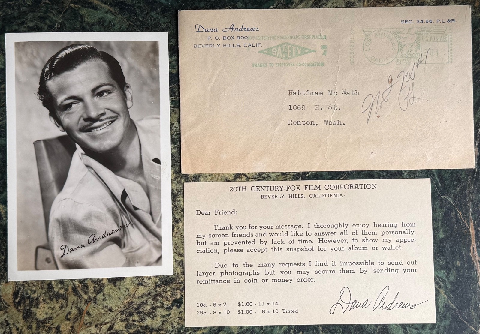 DANA ANDREWS Signed Photograph with Envelope & Card VINTAGE DANA ANDREWS Signed Photograph with Envelope & Card VINTAGE