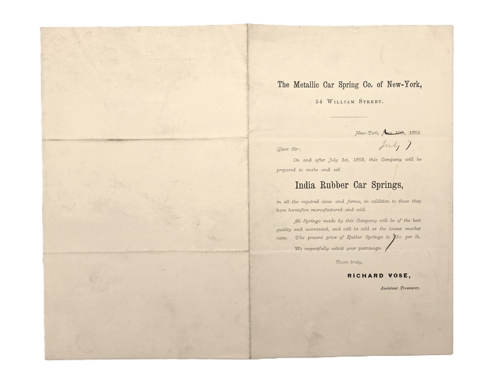 1865 antique METALLIC CAR SPRING CO ny INDIA RUBBER ad trade circular railroad