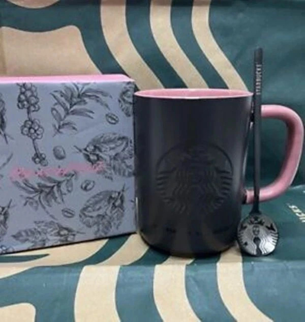 New Starbucks + Blackpink Co-branded Cup Cool Black Pink Coffee Mug + Spoon Gift