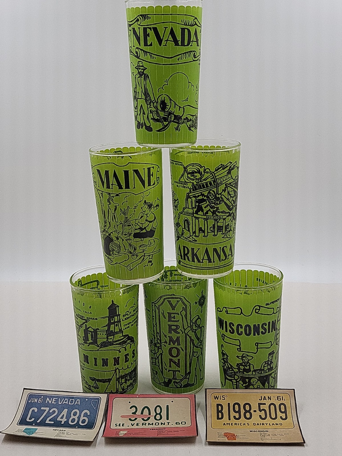 Vtg Hazel Atlas State Glasses Souvenir Map Green Set Of 6