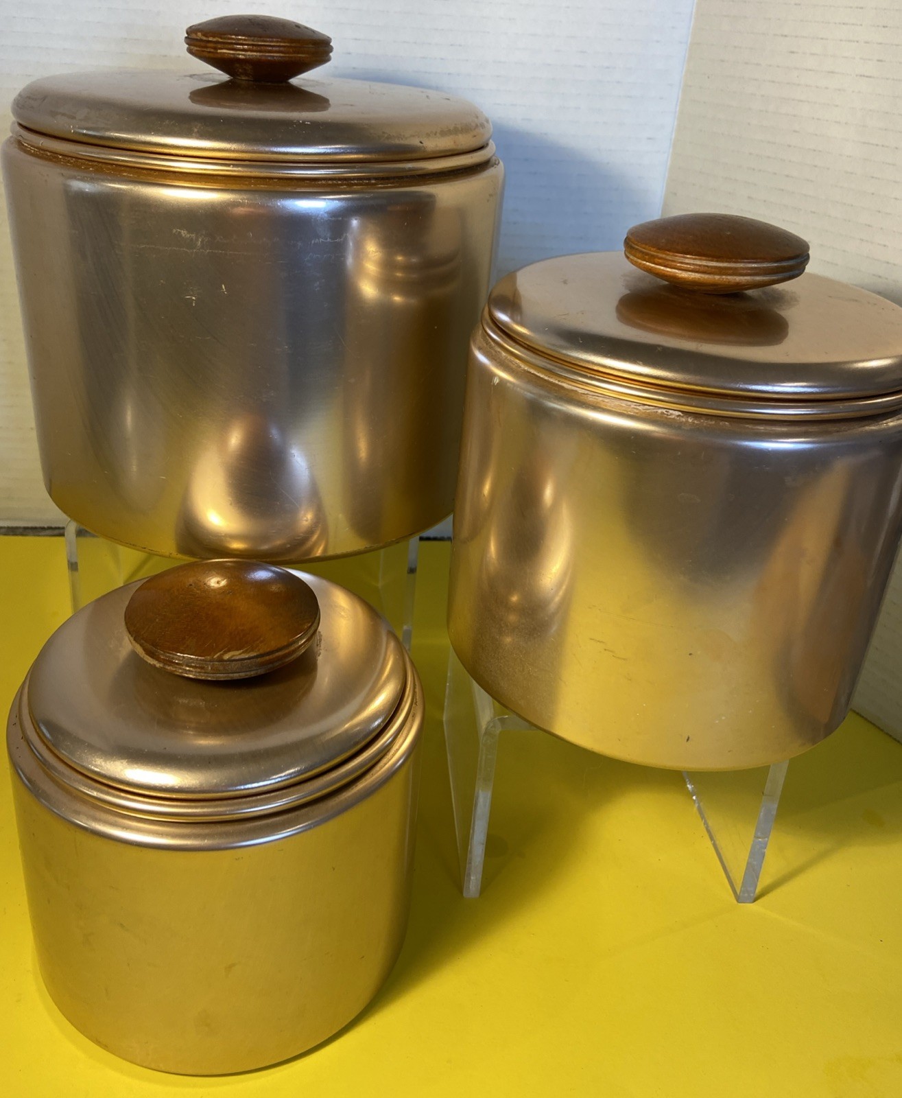 Vintage Set 3 Mirror Copper Rose Gold Canister Set Mid Century Modern