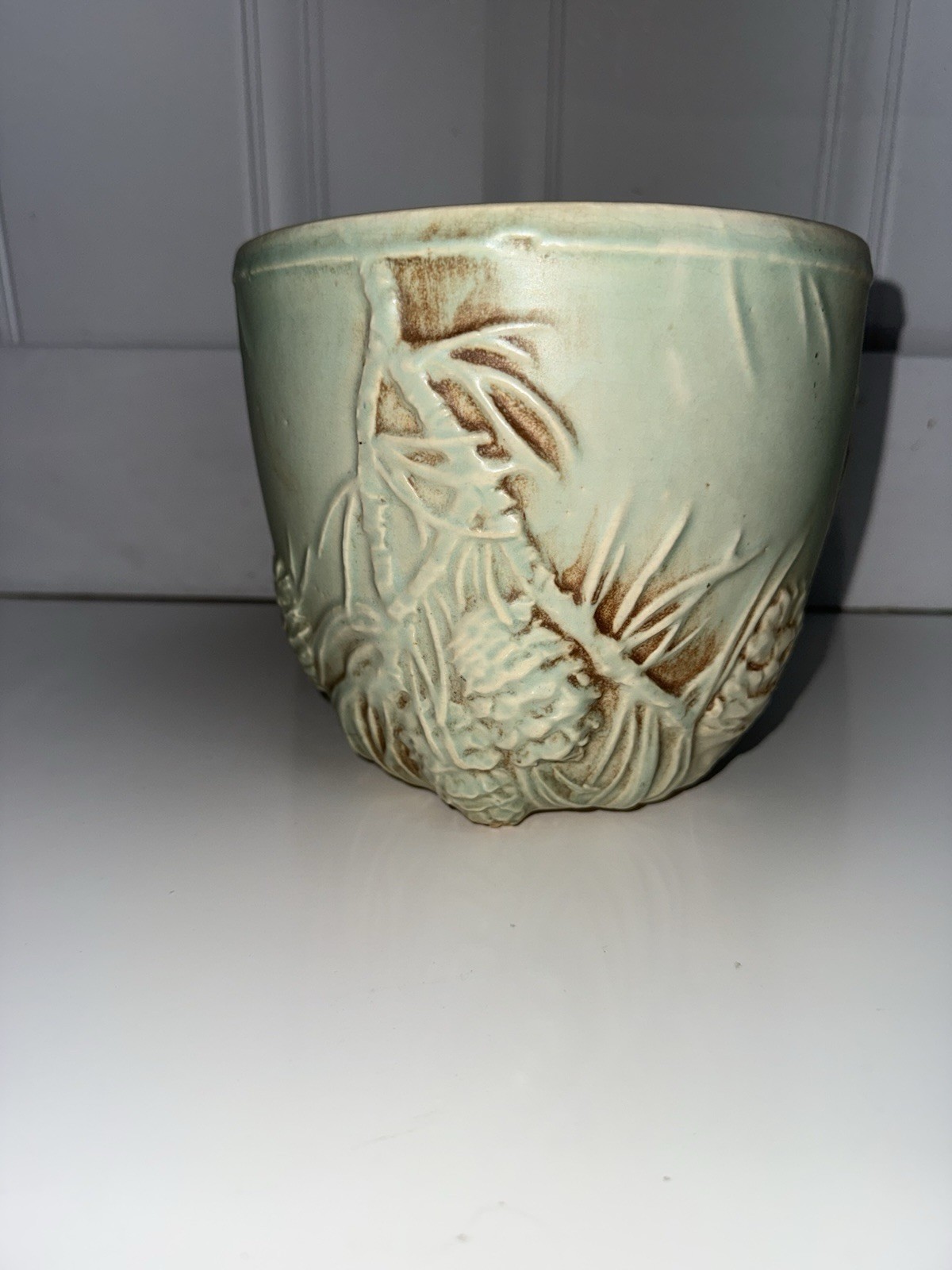 McCoy 40s Planter Pot Pinecone Jardiniere Blue Green Brown Vtg MCM Cottagecore