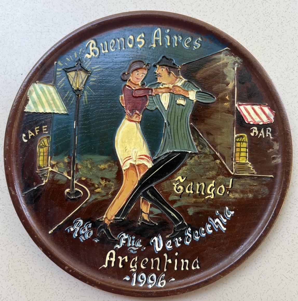 Wooden Souvenir Plate Buenos Aires Argentina Tango Dancers 1996 Wall Hanging