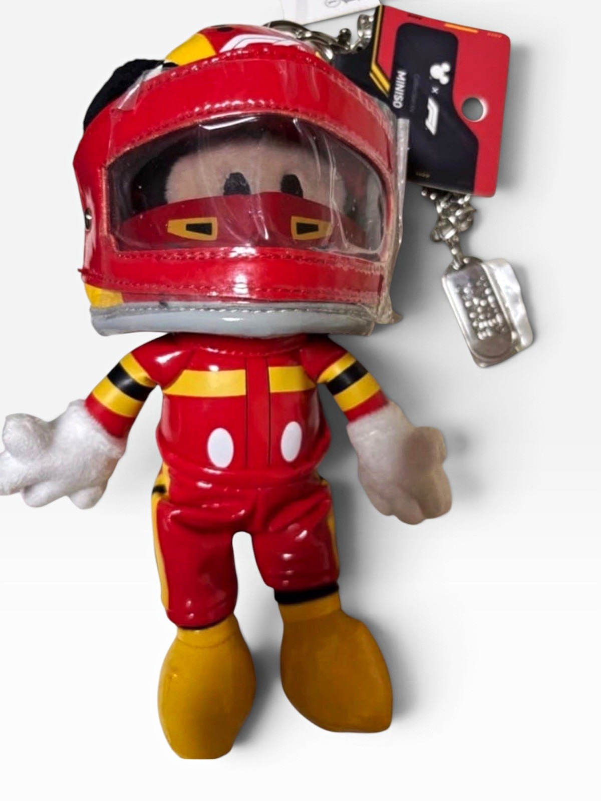 MINISO Disney Mickey Mouse F1 Racing Outfit Plush Keychain w/ Chain Attachment