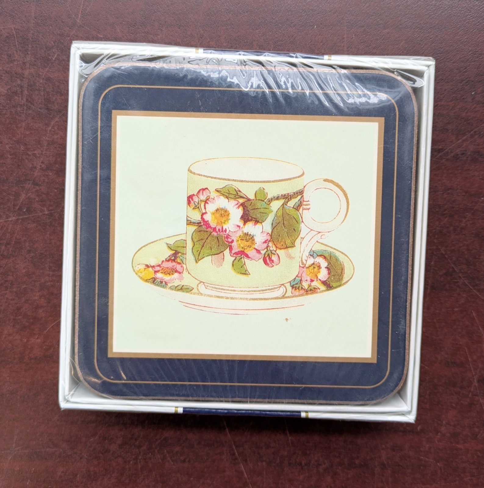 Vintage NOS Pimpernel Cork Coaster Set Floral Teacup New