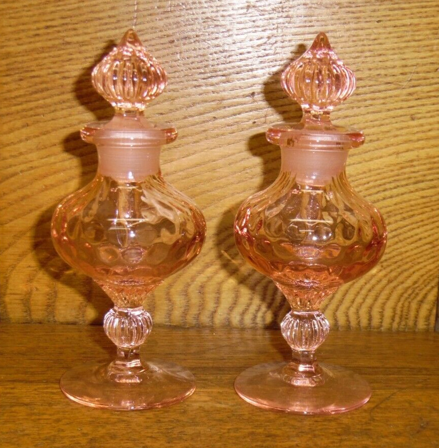 Pair Vintage Heisey Glass Perfume / Cologne Bottles - Fairacre Flamingo Pink Pair Vintage Heisey Glass Perfume / Cologne Bottles - Fairacre Flamingo Pink