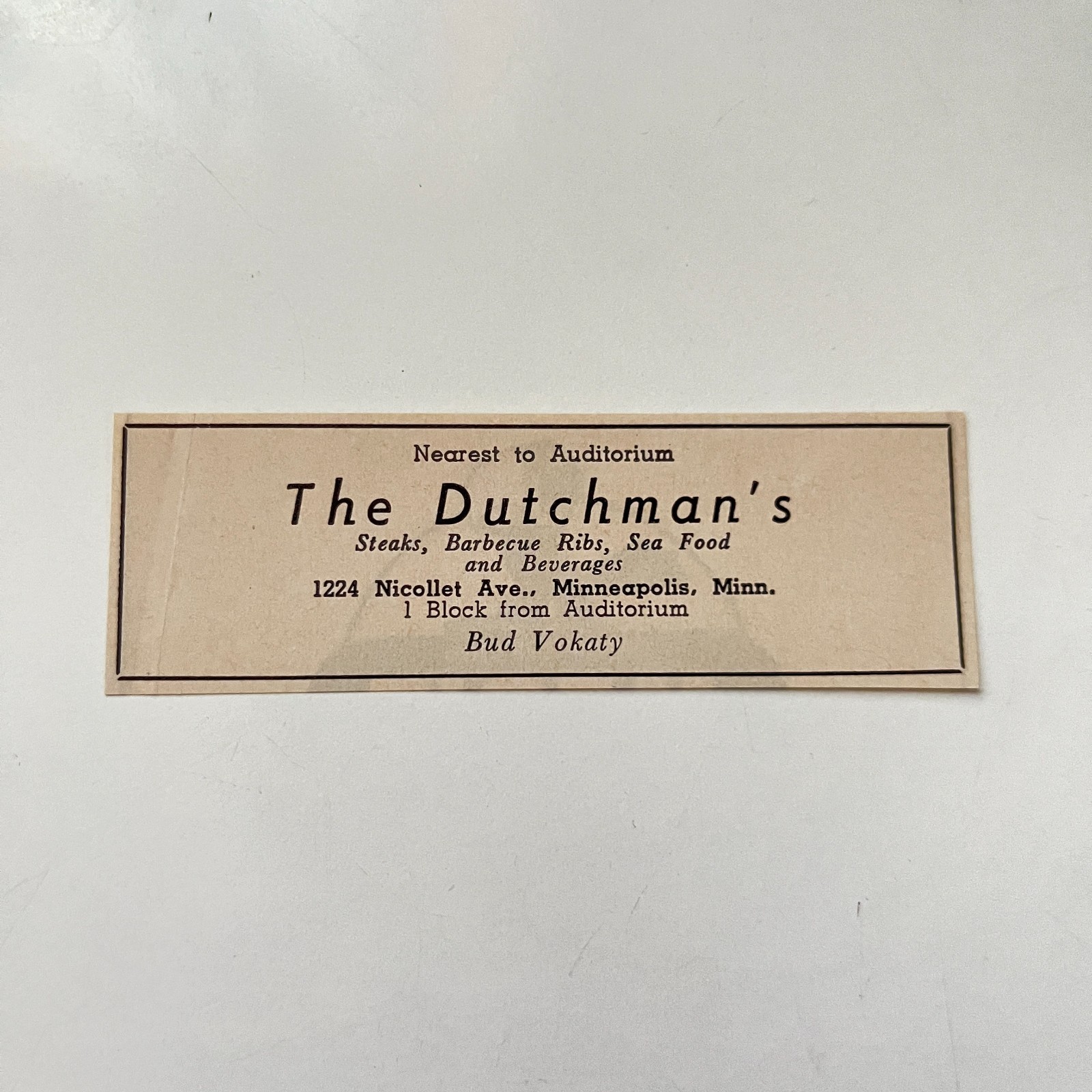 The Dutchman's Steaks Barbecue Ribs Bud Vokaty 1957 Minneapolis Ad TAK5-S9