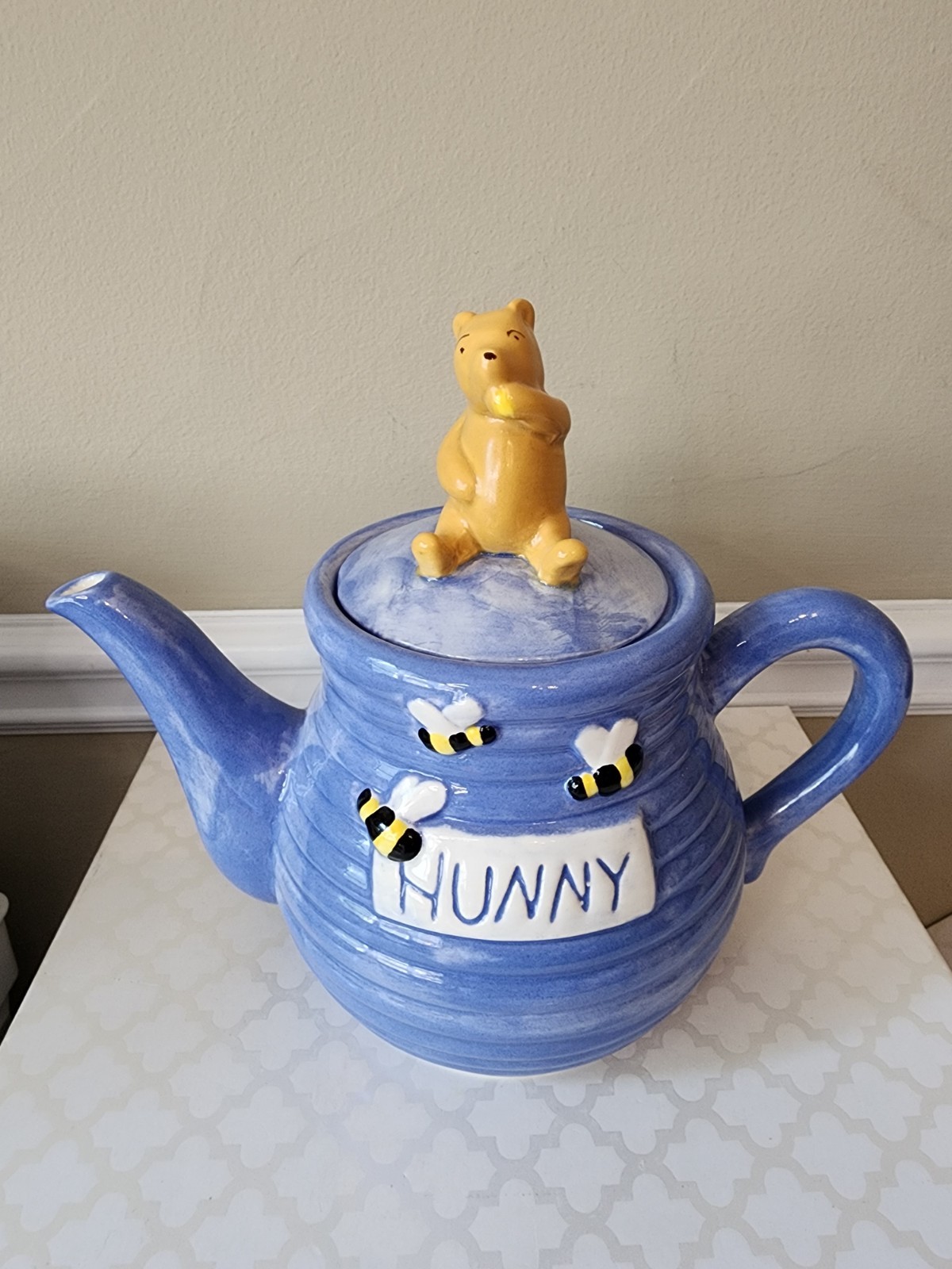 NOB Vintage Disney Treasure Craft Winnie The Pooh Blue Hunny Pot Teapot Ceramic