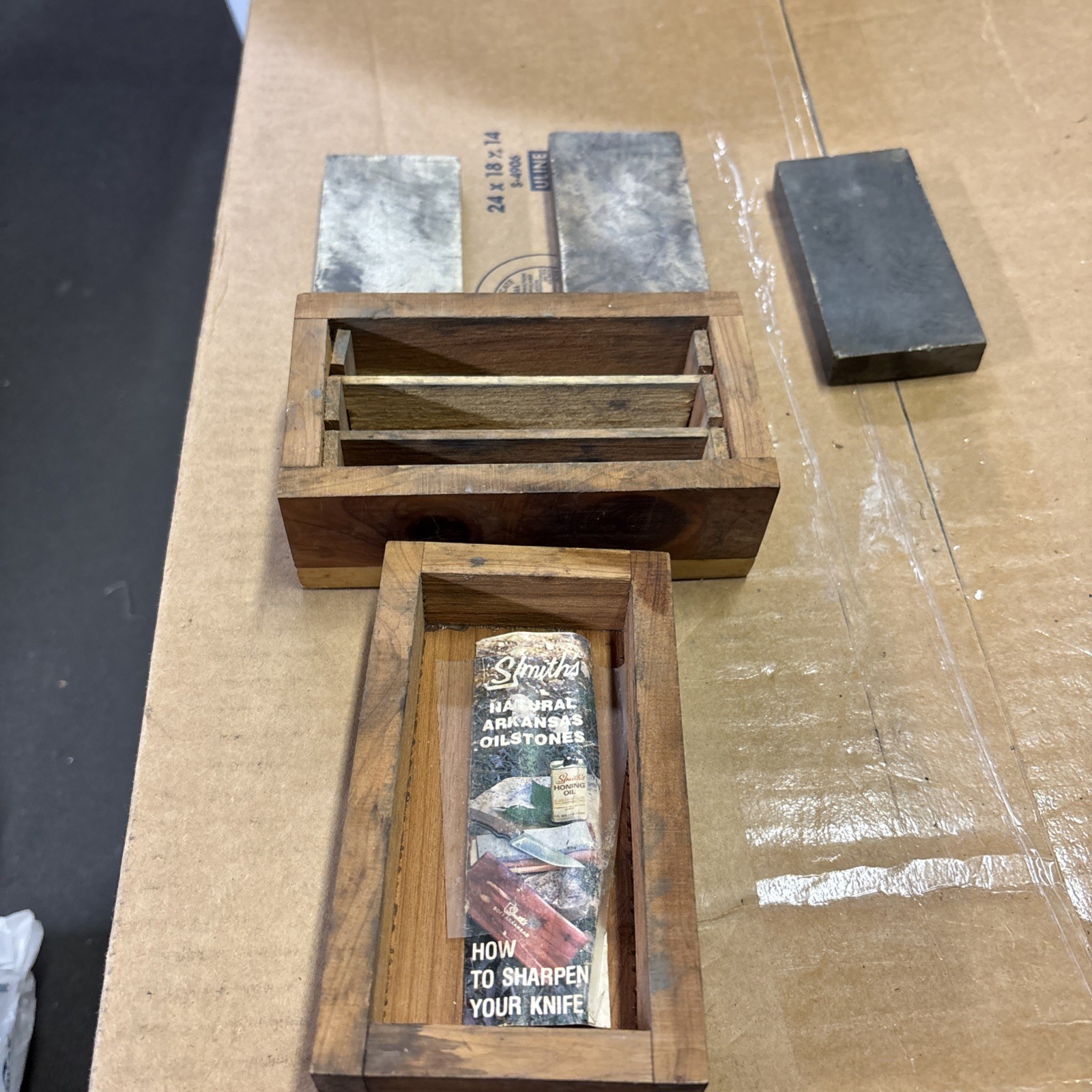 Vintage Arkansas Smith’s Natural Sharpening Oil Stones With Wooden Box & Paper