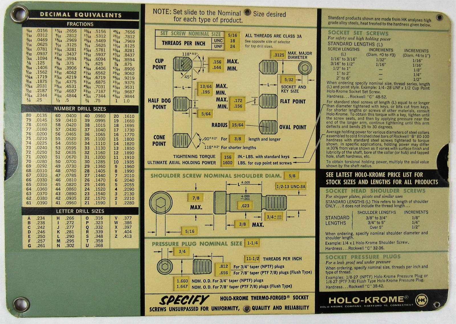 1963 Holo-Krome Socket Screw Selector Calculator Hardware Vintage Hartford CT US