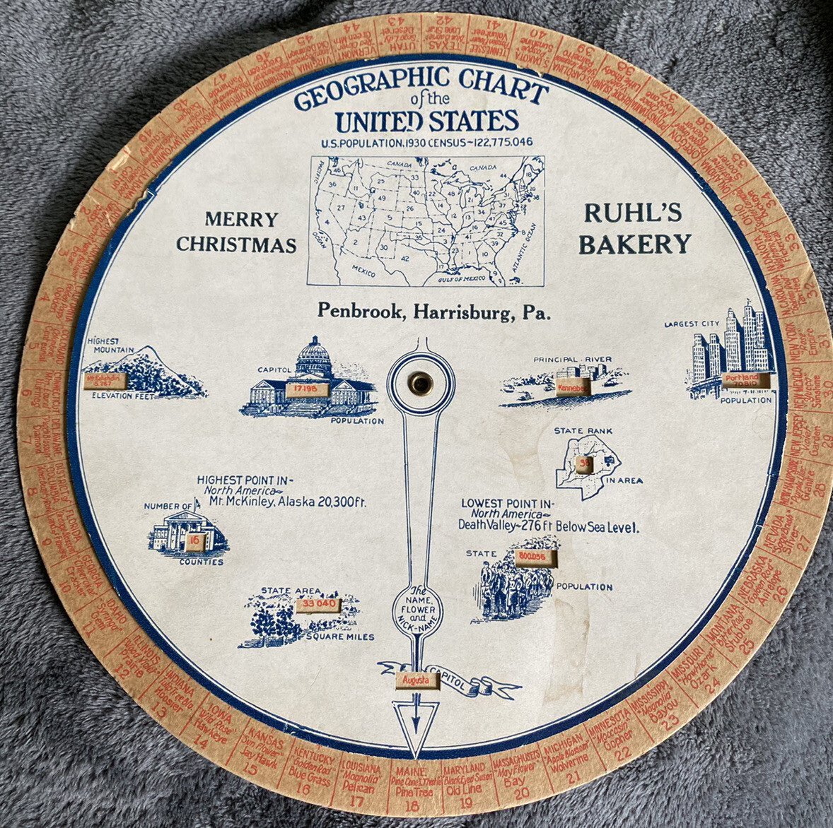 Vintage 1930 Cardboard Geographic Chart of United States census Ruhl\'s Bakery