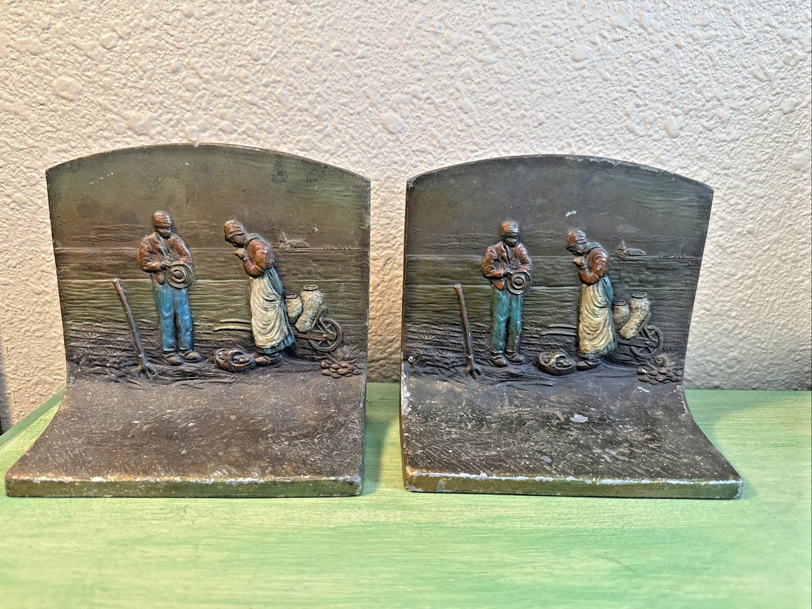 Vintage K & O 1925 -ANGELUS- Polychrome Bronze Bookends Set