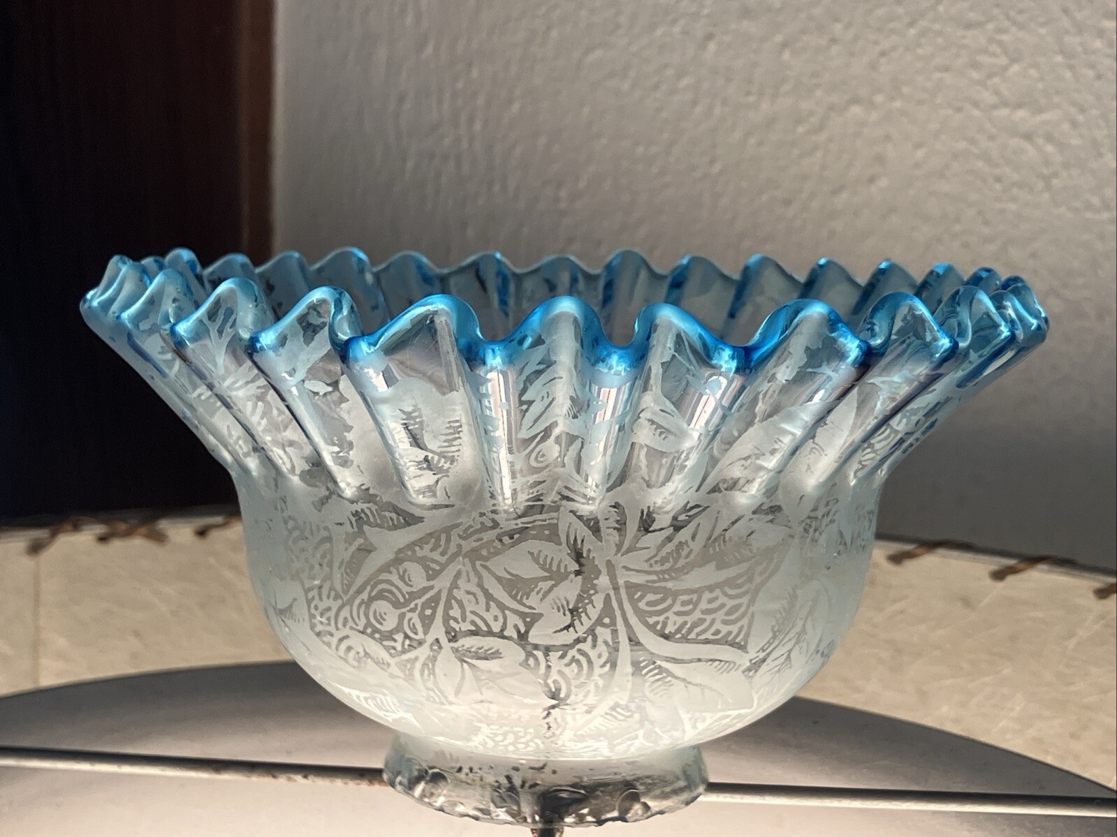 Antique Victorian Blue Fade Acid Etched Ruffle Glass Light Shade Ornate Floral