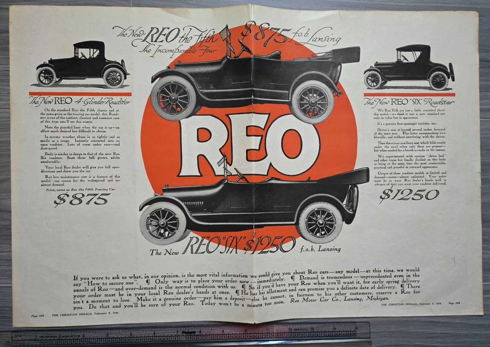 1916 Original Vintage REO The Fifth Motor Car Two Page Print Ad COLOR