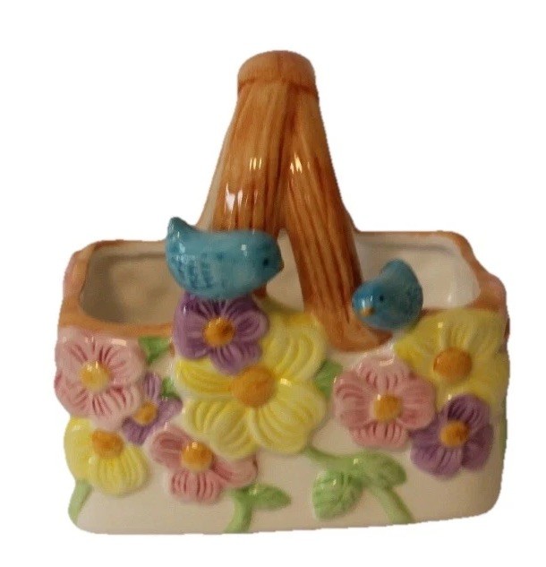 Teleflora Easter Basket Planter Blue Birds Floral Ceramic Thailand Vintage