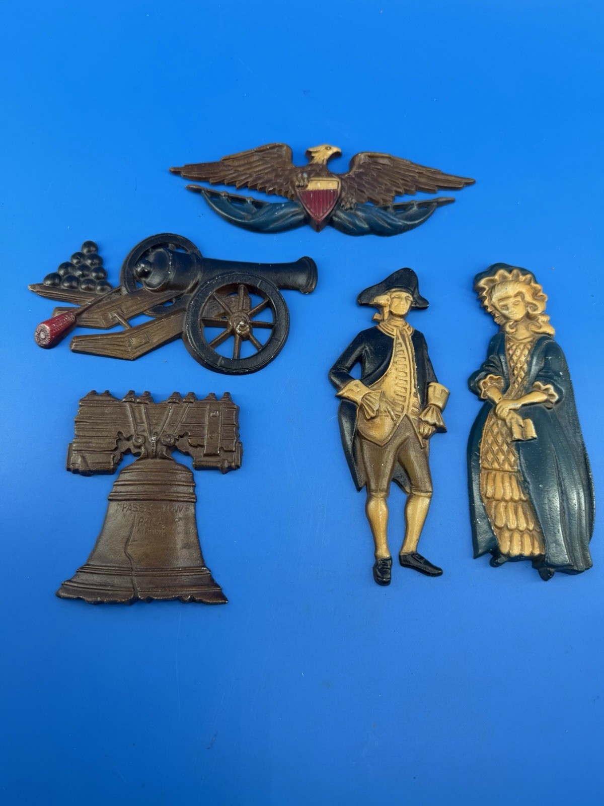VTG Sexton Cast Metal Liberty Bell Eagle Cannon USA MCM Colonial Wall Plaques