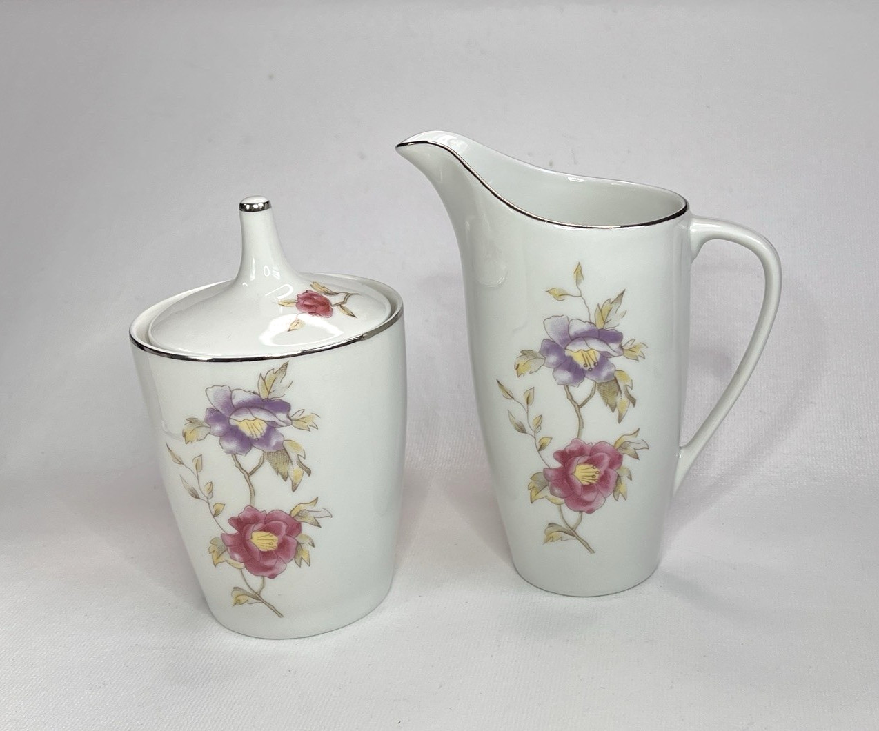 Vtg Louise (Smooth) Floral Motif Cmielow Porcelain Creamer & Lidded Sugar Bowl 
